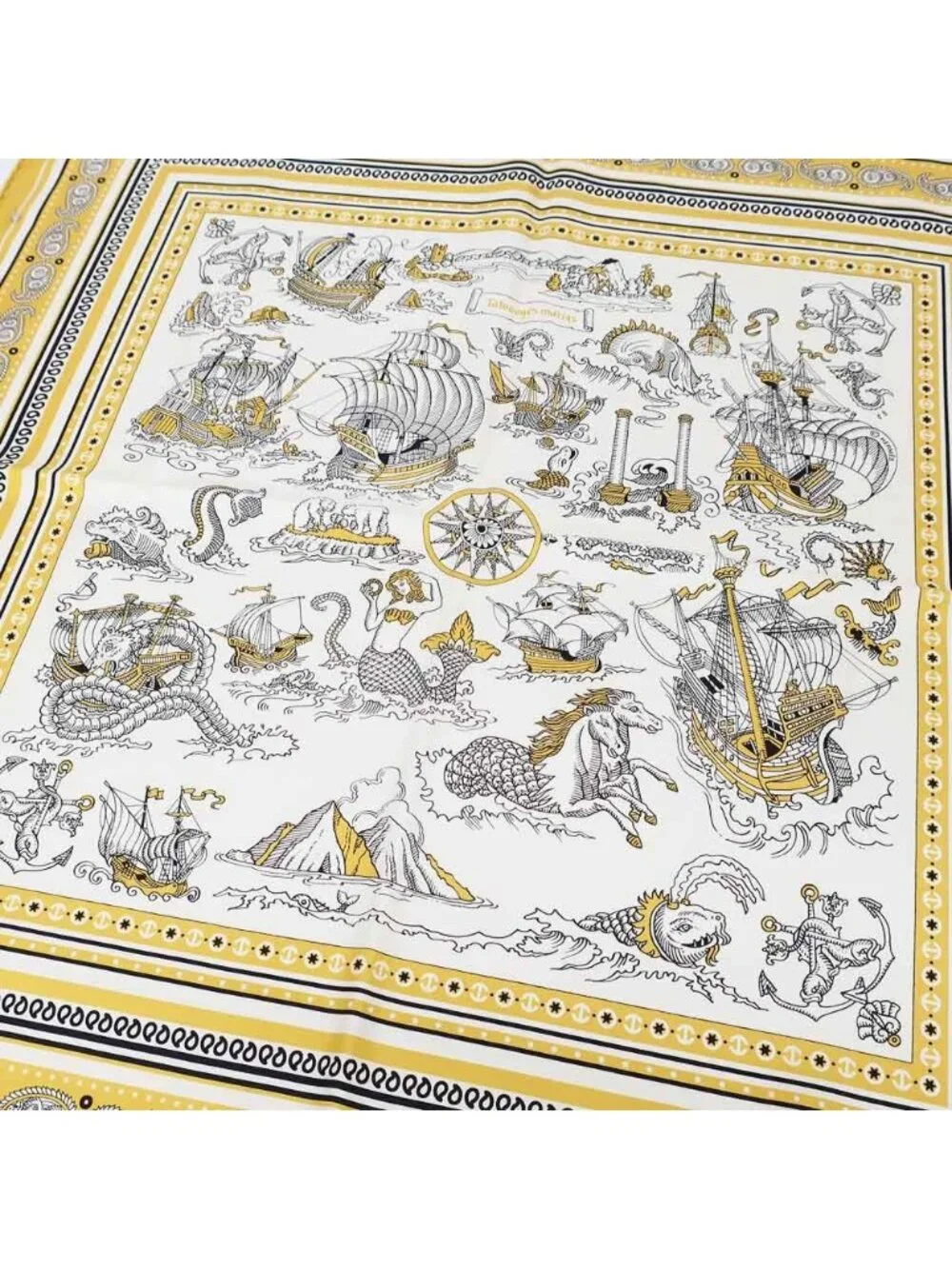 Hermes Heaven Carre 70 Cloete Sailor Tattoo Bandana Scarf Silk Yellow White